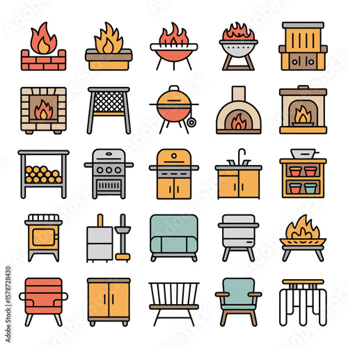Collection of Colorful Line Icons Depicting Various Fireplaces Grills and Outdoor Furniture Pieces Including Brick Fireplaces Outdoor Fire Pits Built In Grills and More
