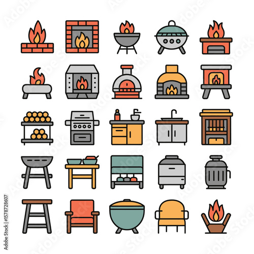 Collection of Colorful Line Icons Depicting Various Fireplaces Grills Outdoor Cooking Equipment and Related Furniture Items Including Brick Fireplaces Modern Gas Grills