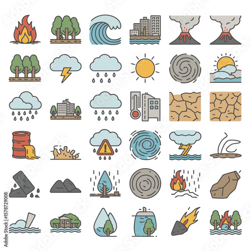 Collection of Colorful Line Icons Depicting Various Natural Disasters and Environmental Catastrophes Including Wildfires Floods Tsunamis Earthquakes Volcanic Eruptions Droughts