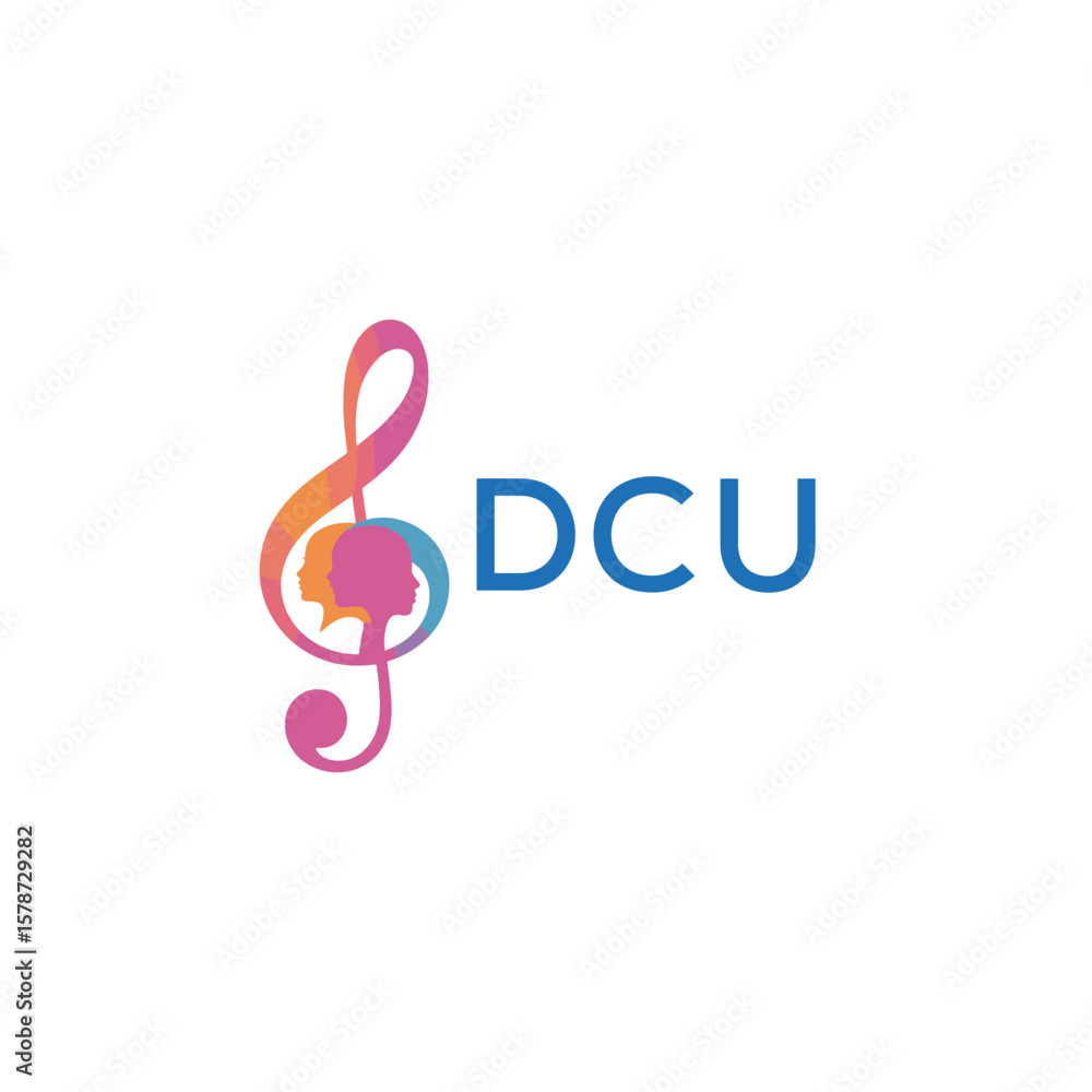 Fototapeta premium DCU “Colorful music logo with human faces and treble clef design” DCU Later Logo, “Creative music academy logo with silhouette heads and notes” 