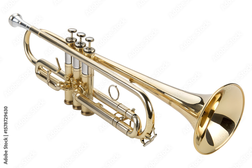 Obraz premium Golden brass trumpet, a shining wind instrument for jazz and orchestra, isolated on white