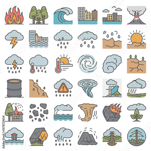 Collection of Colorful Line Icons Depicting Various Natural Disasters and Extreme Weather Events Including Wildfires Floods Tornadoes Earthquakes Volcanic Eruptions Landslides