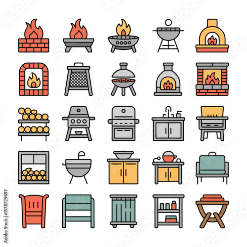 Collection of Colorful Line Icons Depicting Various Outdoor and Indoor Cooking Appliances Fireplaces and Related Furniture Items Including Grills Fire Pits Brick Fireplaces