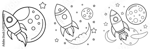 Rocket Flies to the Moon Coloring Book Page - Outline Vector Line Art