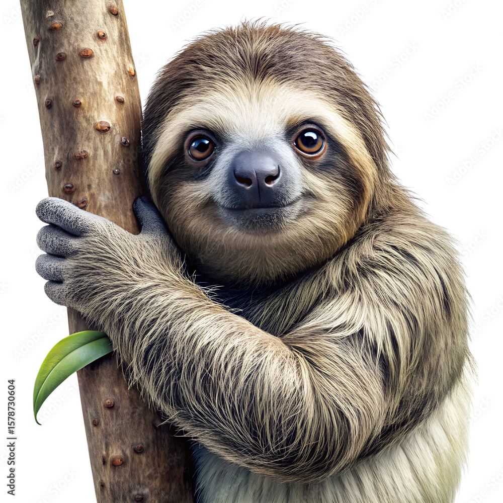 Fototapeta premium A cute sloth is hugging a tree branch and smiling isolated on transparent background