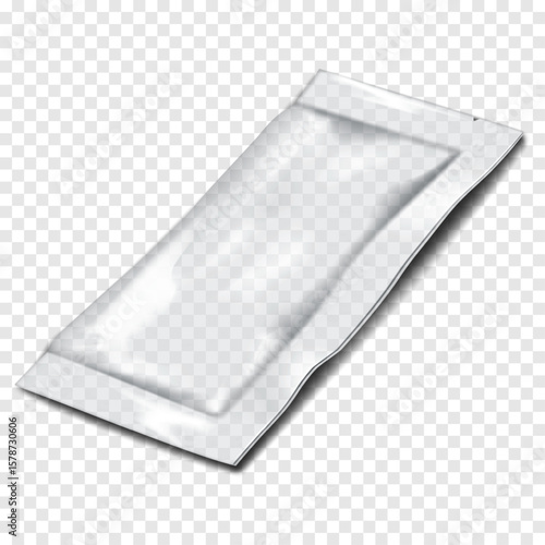 Empty tear notch 3 side seal clear plastic bag. Realistic 3d vector mockup. Rectangle vacuum sachet pouch packaging. Mock-up. Transparent packet package. Template for design