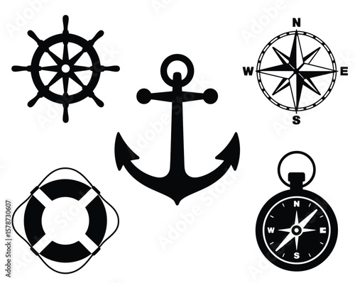 Flat navy blue nautical icon set featuring anchor, ship wheel, compass rose, life preserver, and pocket compass in symmetrical layout on white background, ideal for marine design