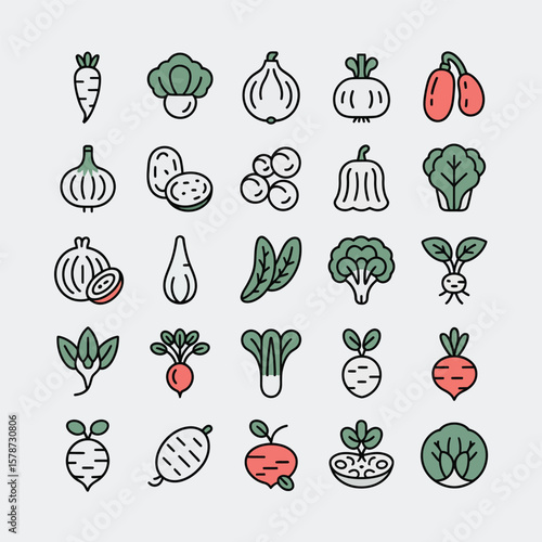 Collection of Line Art Vegetable Icons featuring Carrots Onions Beets Broccoli Spinach and More in Green and Red Tones on White Background