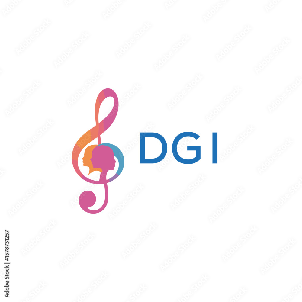 Fototapeta premium DGI “Creative music logo with human silhouettes and treble clef in gradient colors, DGI Later Logo, modern artistic design isolated on white background”