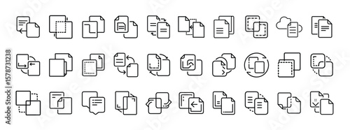 Copy document line icon set. Vector pictograms of file duplication, paper stack, document transfer, content copy, clipboard, file sharing, page layers, thin linear illustration.
