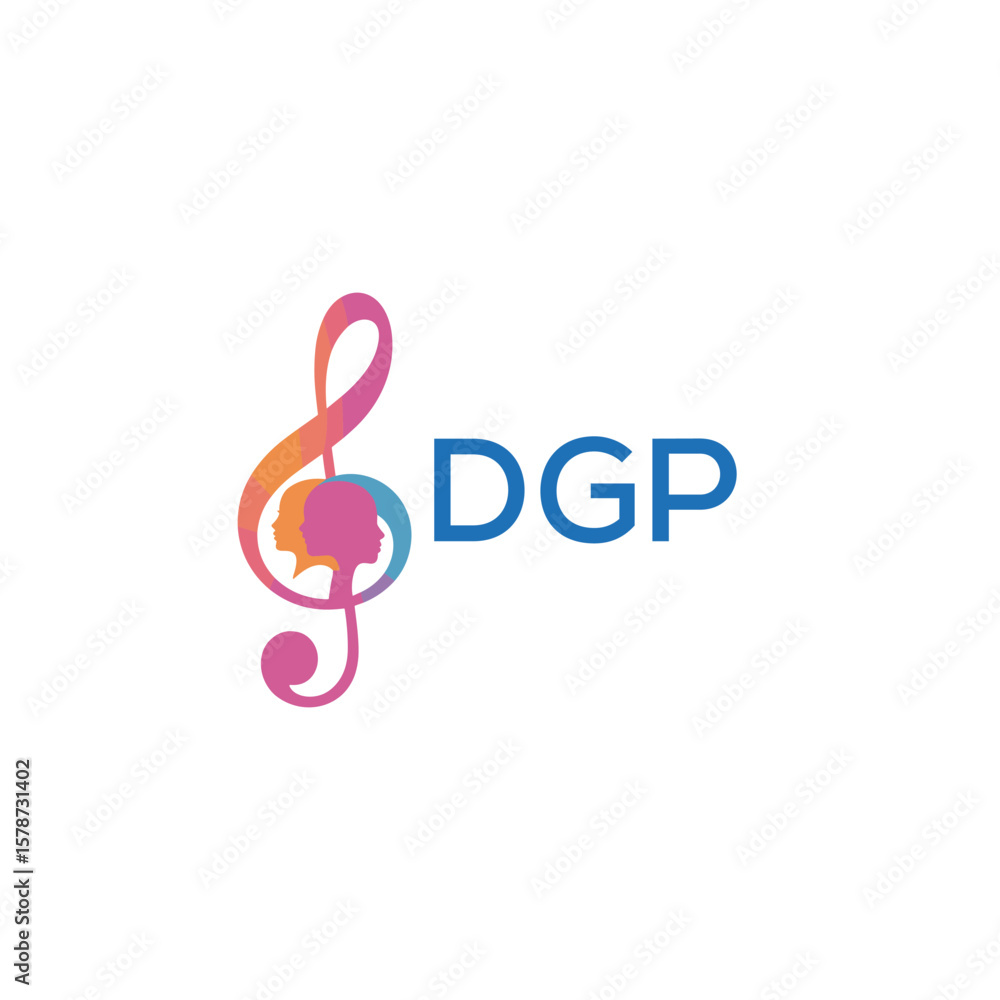 Fototapeta premium DGP “Creative music logo with human silhouettes and treble clef in gradient colors, DGP Later Logo, modern artistic design isolated on white background” 