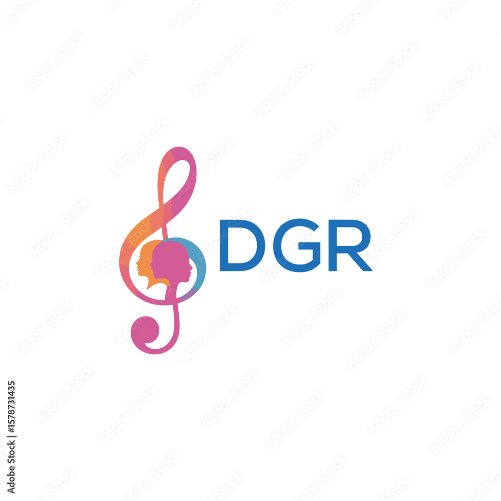 Fototapeta premium DGR “Creative music logo with human silhouettes and treble clef in gradient colors, DGR Later Logo, modern artistic design isolated on white background” 