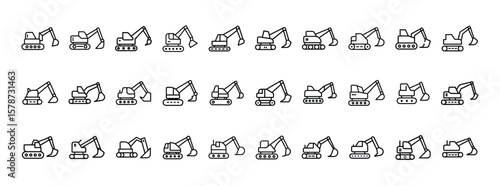 Excavator line icon set. Vector pictograms of digger, crawler excavator, backhoe, hydraulic excavator, bucket loader, demolition machine, trenching, earthmoving equipment, thin linear illustration.