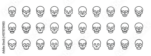Skull line icon set. Vector pictograms of human skull, bone head, creepy face, horror mask, skeleton head, spooky emoji, cranium symbol, Halloween design, thin linear illustration.