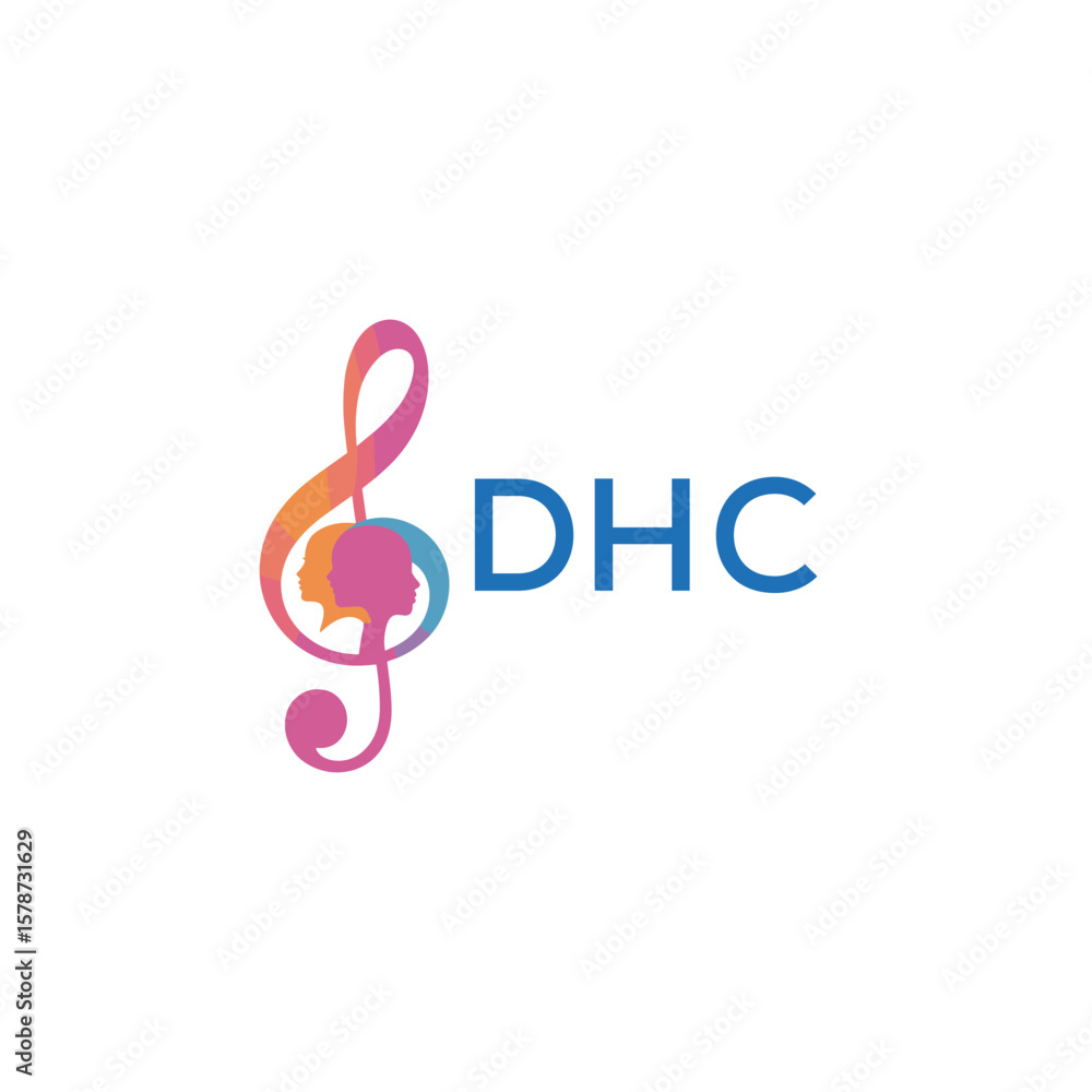 Obraz premium DHC “Creative music logo with human silhouettes and treble clef in gradient colors, DHC Later Logo, modern artistic design isolated on white background” 