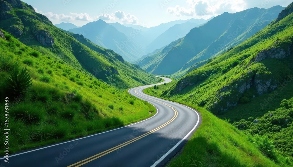 Fototapeta premium Asphalt ribbon winds through lush green mountains , horizon, mountain