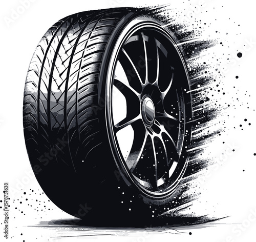 Detailed artwork featuring a black spinning car tire in motion, shot on a clean white background, emphasizing speed, precision, and modern technology in automotive design