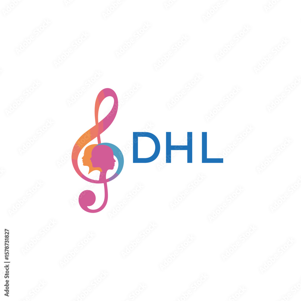 Fototapeta premium DHL “Creative music logo with human silhouettes and treble clef in gradient colors, DHL Later Logo, modern artistic design isolated on white background” 