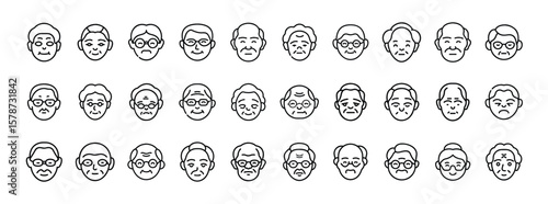 Senior people avatar line icon set. Elderly men and women faces, old person character illustrations, aging population thin line vector pack.