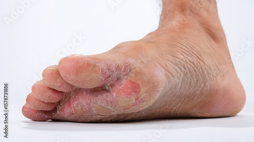 Close-up of human foot with fungal infection showing red and peeling skin, isolated on white background. Medical condition, dermatology, podiatry and healthcare concept.