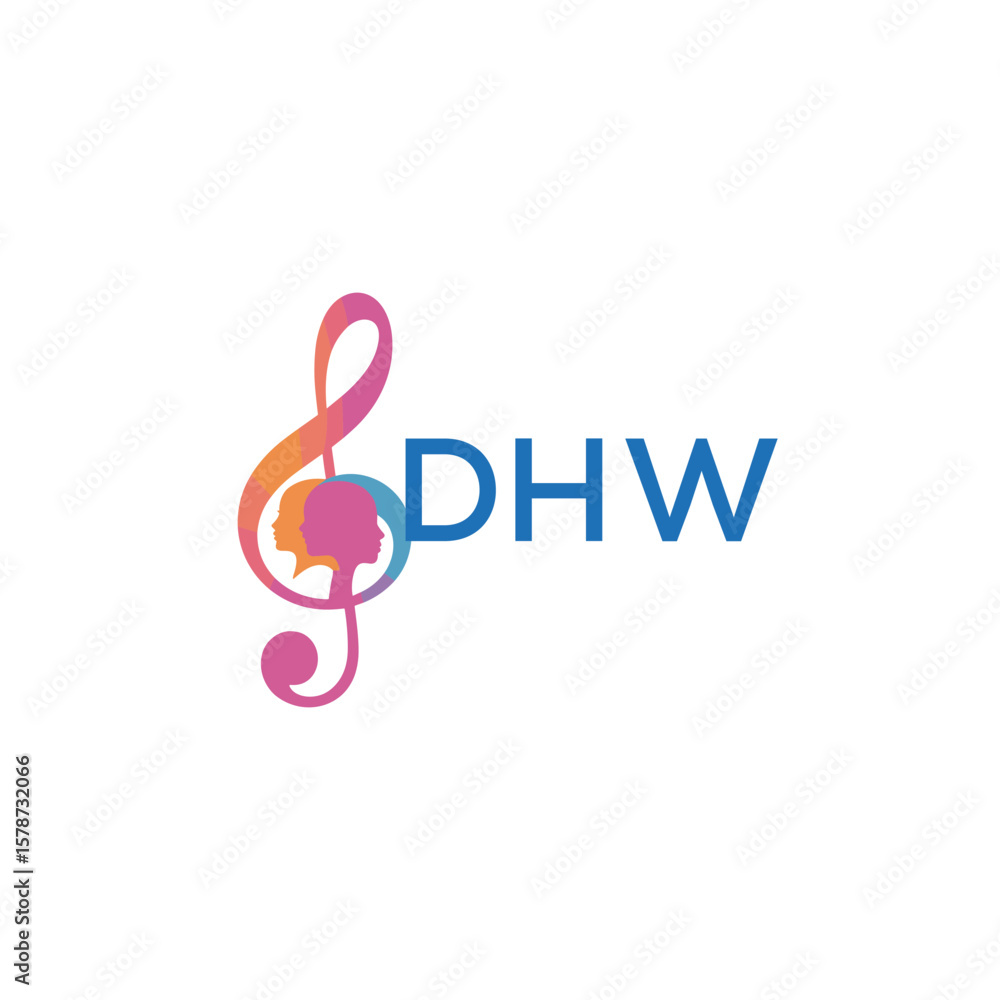 Obraz premium DHW “Creative music logo with human silhouettes and treble clef in gradient colors, DHW Later Logo, modern artistic design isolated on white background” 