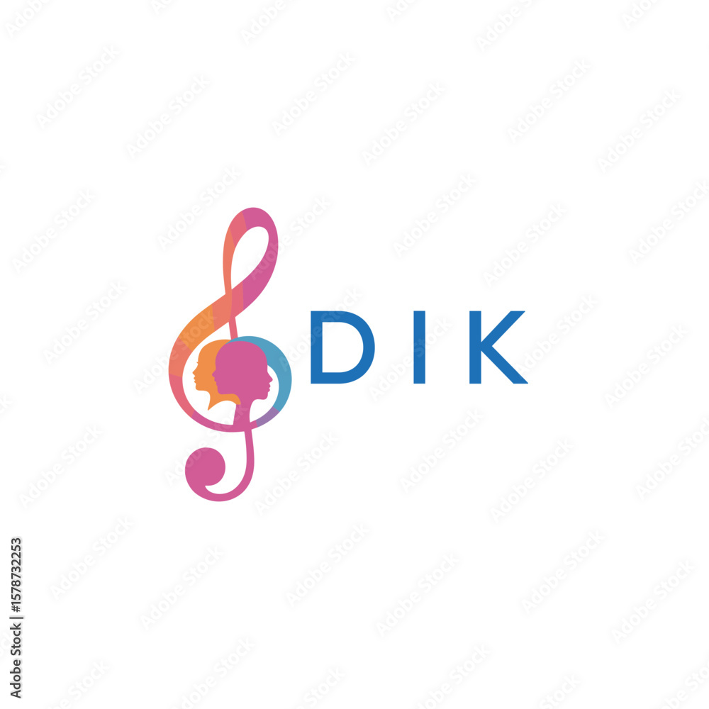 Fototapeta premium DIK “Creative music logo with human silhouettes and treble clef in gradient colors, DIK Later Logo, modern artistic design isolated on white background” 