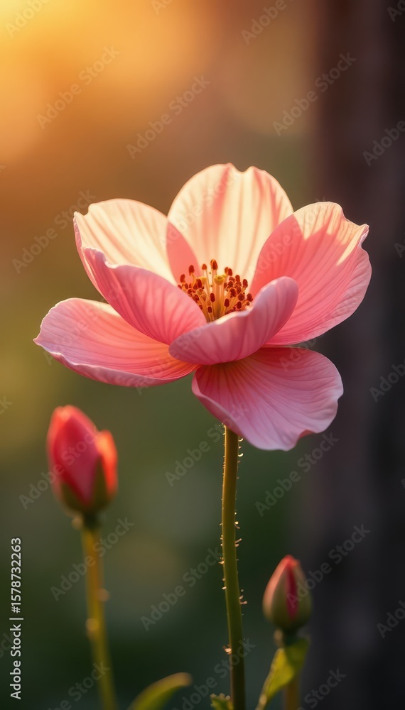 Naklejka premium Delicate flower with soft petals in warm sunlight, bloom, greenery