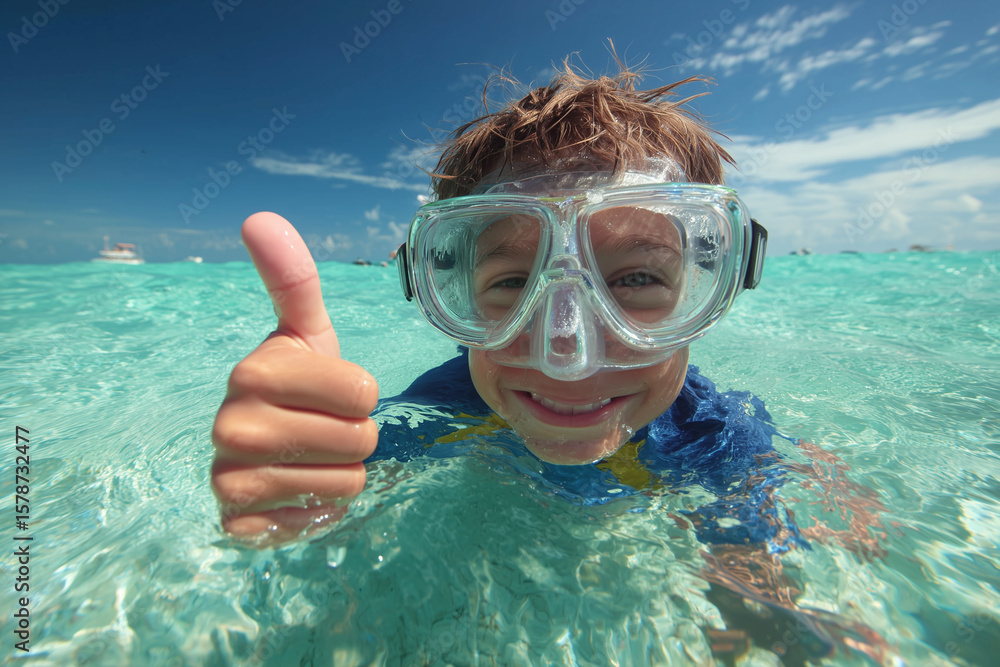 Fototapeta premium Boy in scuba mask giving thumbs up in ocean
