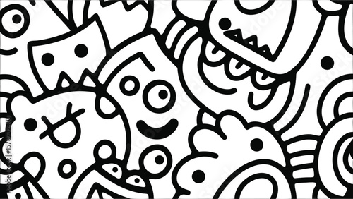 Black and white doodle art featuring a variety of whimsical cartoonish creatures and shapes all together