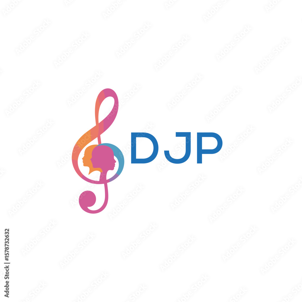 Fototapeta premium DJP “Creative music logo with human silhouettes and treble clef in gradient colors, DJP Later Logo, modern artistic design isolated on white background”
