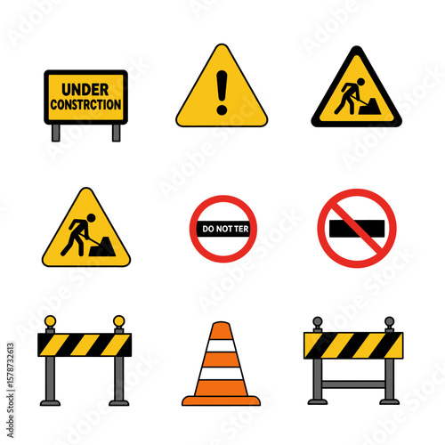 Collection of essential road construction signs and safety barrier icons, ideal for design projects related to infrastructure, building, and urban development, providing a comprehensive set of