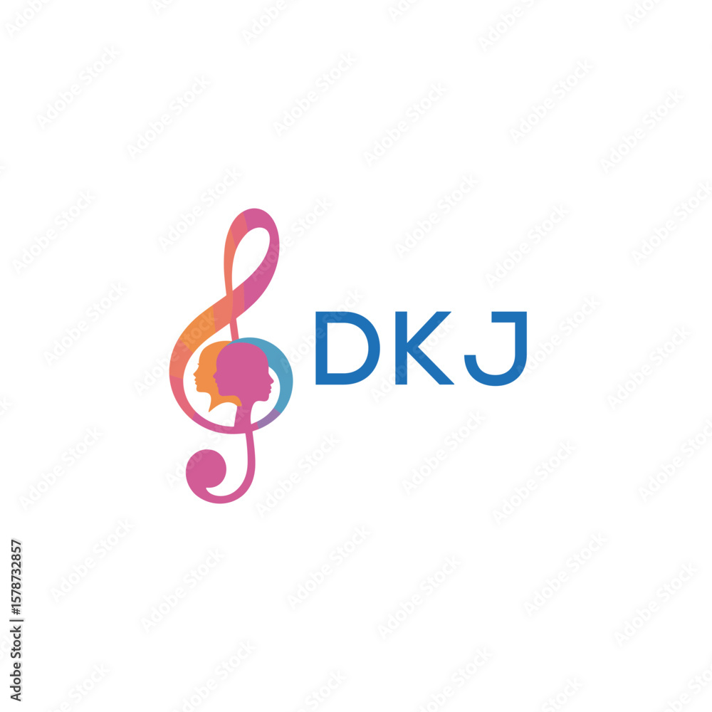 Fototapeta premium DKJ “Creative music logo with human silhouettes and treble clef in gradient colors, DKJ Later Logo, modern artistic design isolated on white background” 