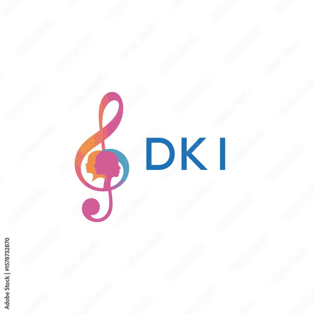Fototapeta premium DKI “Creative music logo with human silhouettes and treble clef in gradient colors, DKI Later Logo, modern artistic design isolated on white background” 