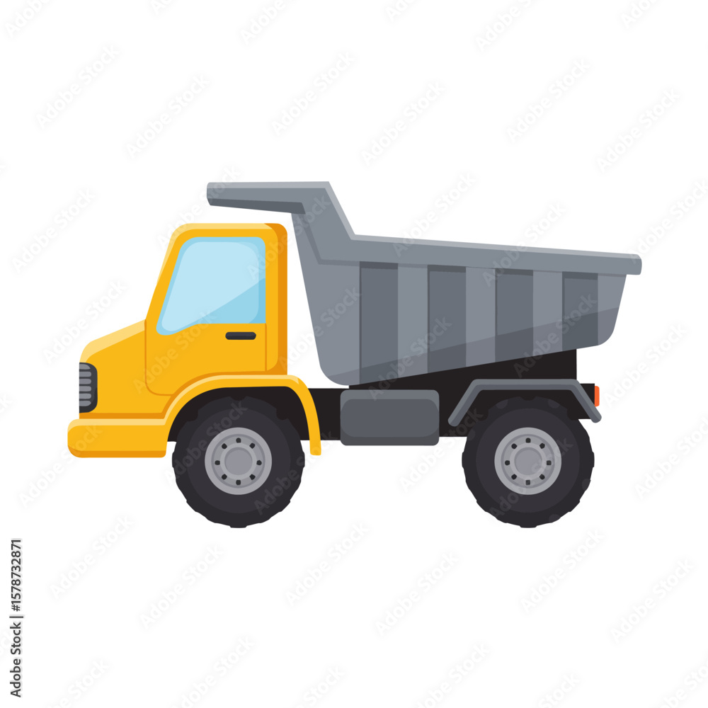 A vector illustration features a vibrant yellow and gray dump truck against a clean white background, perfect for construction and transportation themed designs and projects. A vector illustration features a vibrant yellow and gray dump truck against a clean white background, perfect for construction and transportation themed designs and projects.