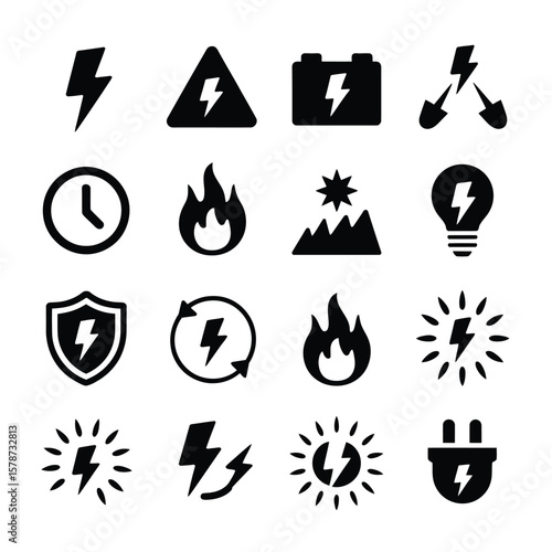 Collection of Sixteen Black Electricity Power Energy Icons Symbols Set on White Background Lightning Bolt Flash Flame Fire Plug Warning Sign Shield Battery Clock Renewable