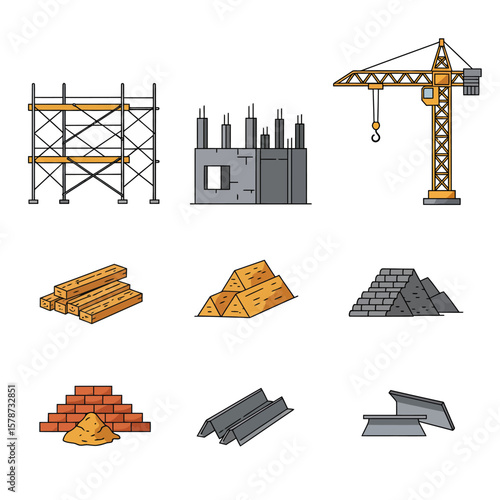 A collection of vector illustrations showcasing construction elements, including scaffolding, a crane, building materials, and an unfinished structure, perfect for design.