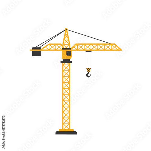 A vibrant yellow tower crane, rendered in a modern flat design illustration style, stands isolated against a clean white background, ready for heavy lifting.