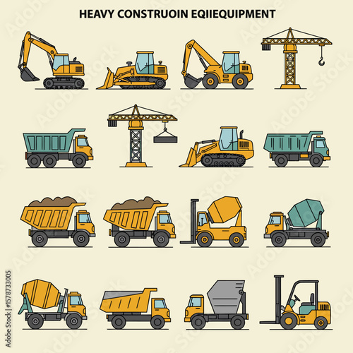 A collection of illustrated construction vehicles, including excavators, bulldozers, trucks, and cranes, presented in a flat design style, suitable for various commercial applications.