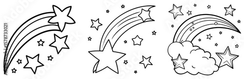 Shooting Stars Coloring Book Page - Outline Vector Line Art Design