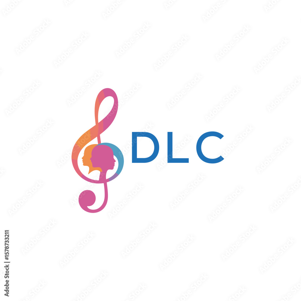 Fototapeta premium DLC “Creative music logo with human silhouettes and treble clef in gradient colors, DLC Later Logo, modern artistic design isolated on white background” 