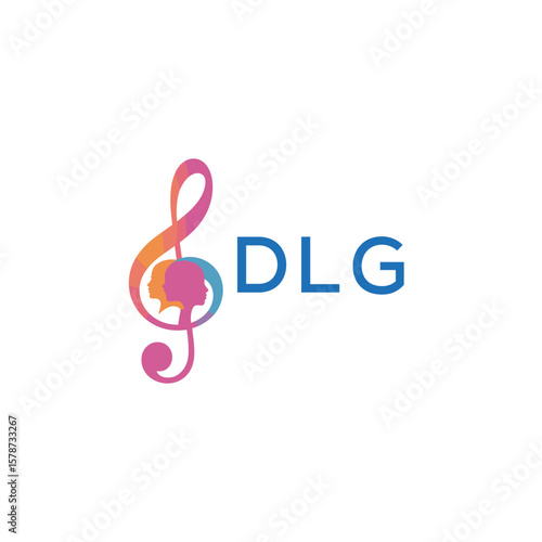 DLG “Creative music logo with human silhouettes and treble clef in gradient colors, DLG Later Logo, modern artistic design isolated on white background”
