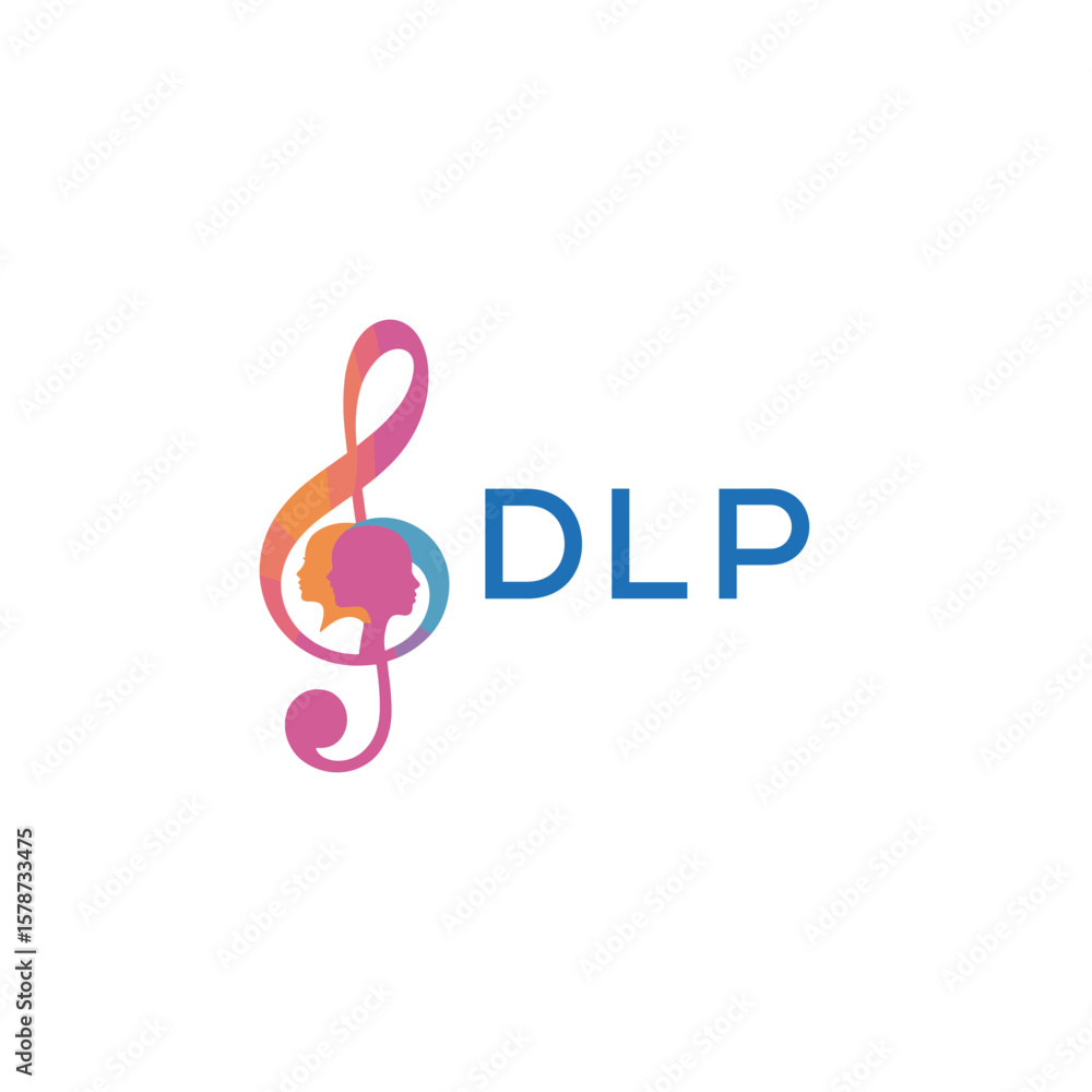 Fototapeta premium DLP “Creative music logo with human silhouettes and treble clef in gradient colors, DLP Later Logo, modern artistic design isolated on white background” 