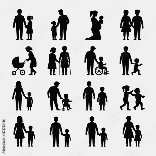 Collection of Sixteen Black Silhouettes Depicting Diverse Family Groups Including Parents Children Infants Toddlers and Individuals with Disabilities in Various Poses and