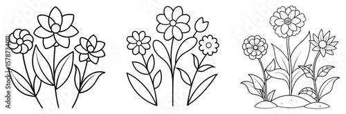 Simple Garden Flowers Coloring Book Page - Outline Vector Line Art