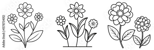 Simple Garden Flowers Coloring Book Page - Outline Vector Line Art