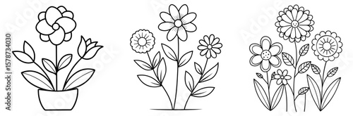 Simple Garden Flowers Coloring Book Page - Outline Vector Line Art