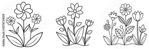 Simple Garden Flowers Coloring Book Page - Outline Vector Line Art