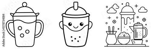 Simple Milk Tea Cooking Coloring Book Page - Outline Vector Line Art