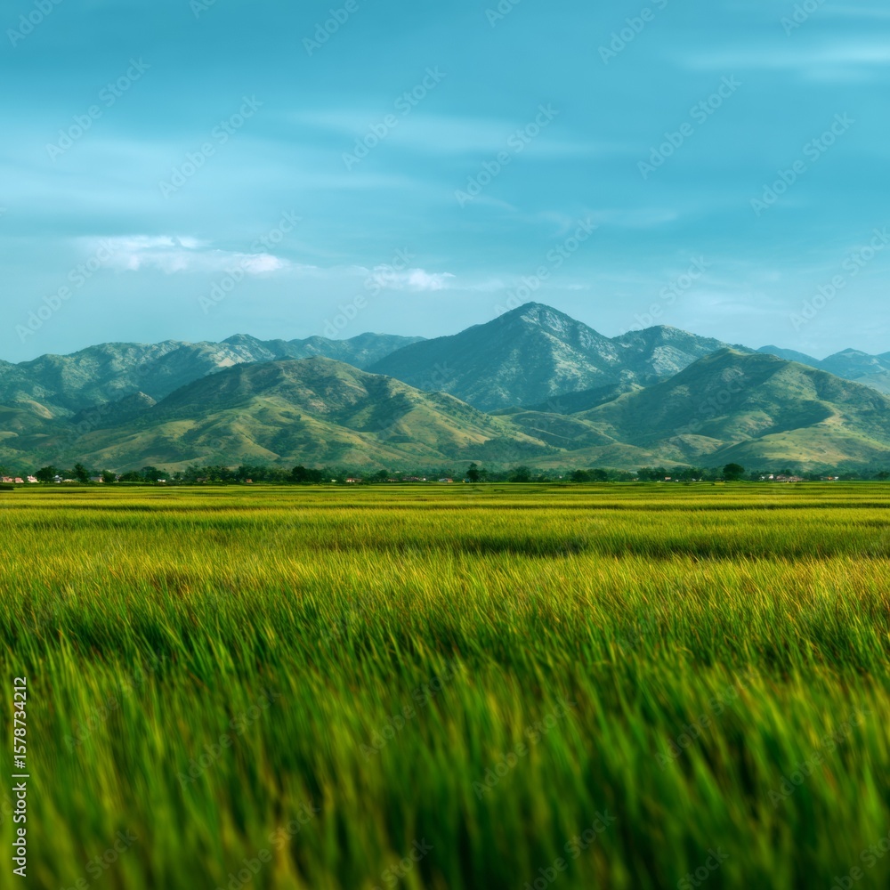 Fototapeta premium Lush Green Fields Against Majestic Mountains under Clear Sky