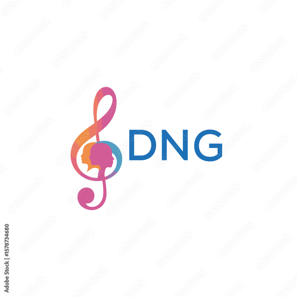 Fototapeta premium DNG “Creative music logo with human silhouettes and treble clef in gradient colors, DNG Later Logo, modern artistic design isolated on white background” 